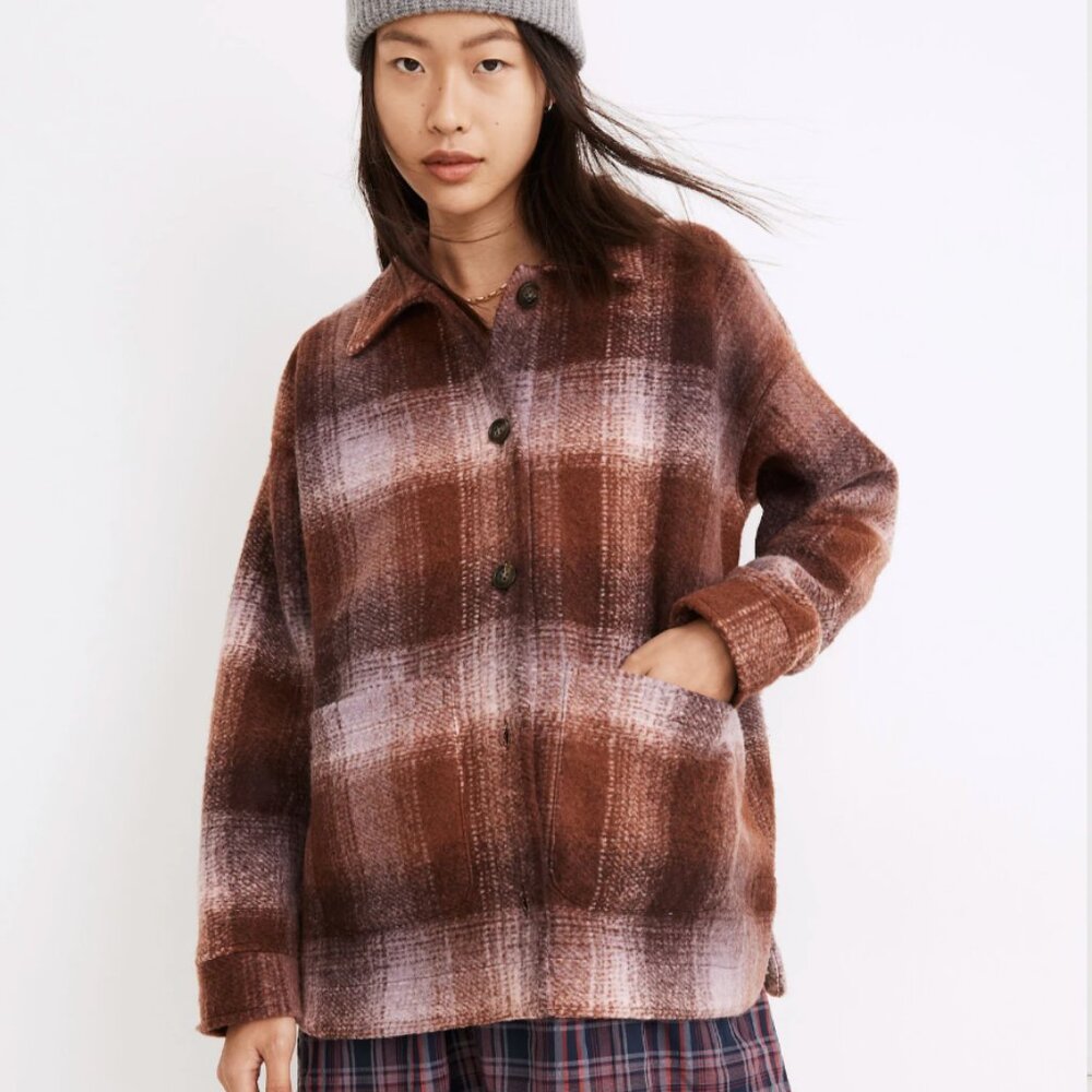 Madewell Brushed Plaid Knit Shirt Jacket in Faded Fig Size XXS